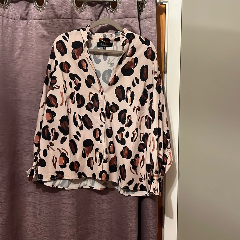 Eloquii Printed Button Down Shirt with Ruffle Neck